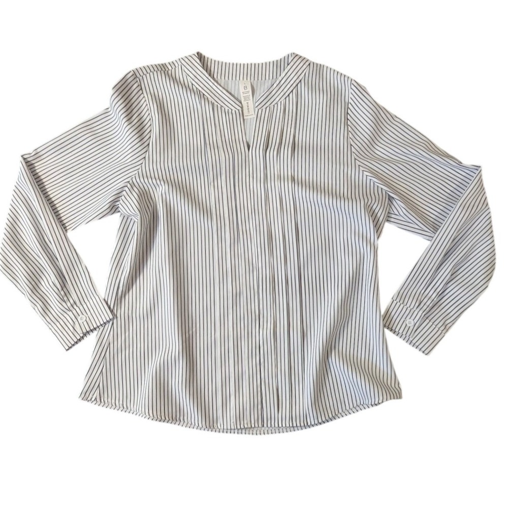 Blooming Jelly Womens Large White Black Striped Pleated V-Neck Blouse Top‎